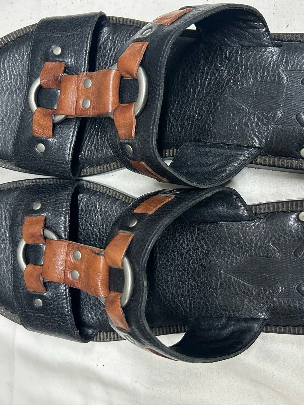Frye Black and Brown Leather Slide Sandals with Ring Accents